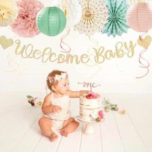 Sage-Green Blush-Beige Baby Shower Party-Decorations - 21pcs Girls Welcome Baby Banner,Light Dusty Pink Paper Lanterns Pom Poms,Safari Woodland Boho Neutral Streamers Garland Decor Favors Huglony - Image 6