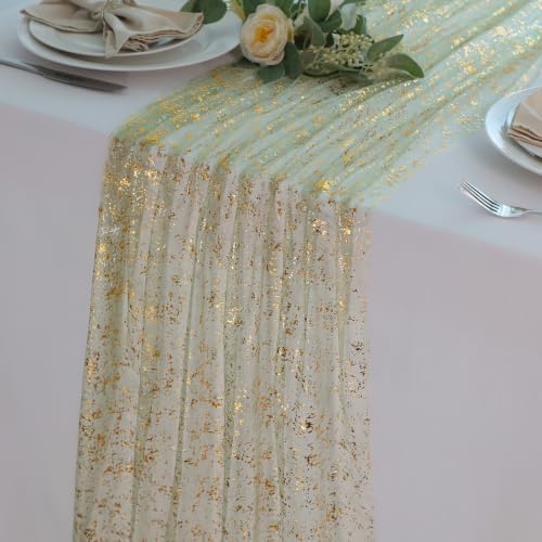 Sage Green Gold Table Runner 10Ft Metallic Foil Shimmer Sheer Gauze by Snowkingdom