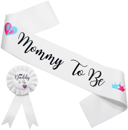MILVOWOC 2 Pack Baby Shower Sash Set - White Satin Mommy to Be Sash & Daddy to Be Badge, Gender Reveal Gift & Pregnancy Party Decorations with Adjustable Ribbon, Baby Shower Decor - Image 7