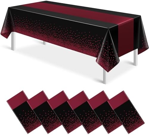 MASHAN 6Pcs Black Maroon Tablecloths, Rectangular Plastic Table Covers, 54x108 Inch, Polka Dot, Stain Resistant, Party Decorations by MASHAN