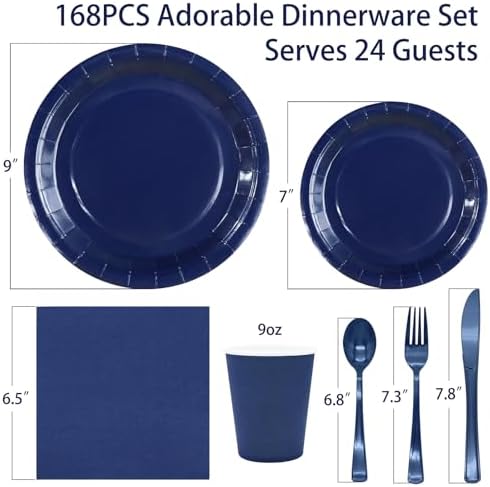 168Pcs Navy Blue Party Supplies for Navy Blue Party Decorations includes Paper Plates and Napkins Cups Utensils,Blue Disposable Plates Set for Boy Baptism Birthday Graduation Serve 24 Guests - Image 2