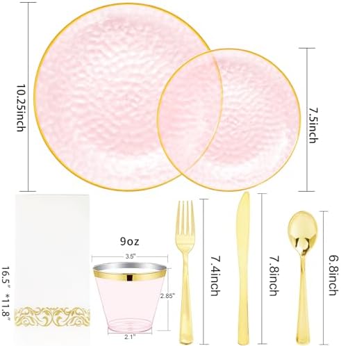 Rubtlamp 175 Pcs Pink Plastic Plates Dinnerware Set (25 Guests), Pink Disposable Plates With Gold Rim, Hammered Party Platos Set Include Dinner Plates, Dessert Plates, Cups, Cutlery for Party - Image 2