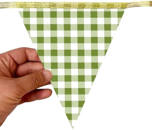 Sage Green Gold Buffalo Plaid Pennant Banner Flag Olive Green Gold Hanging Glitter Paper Triangle Bunting for Birthday Wedding Shower Safari Jungle Woodland Neutral Party Decorations Supplies - Image 6