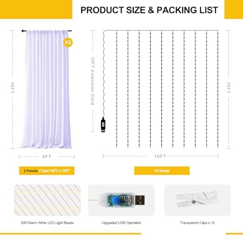 Tulle Curtain Backdrop with 300 LED Fairy Lights for Parites Wrinkle-Free Sheer Curtain Drapes Photo Back Drop for Wedding Baby Shower Bridal Shower Birthday Home Décor - 10ft×10ft, Lavender - Image 3