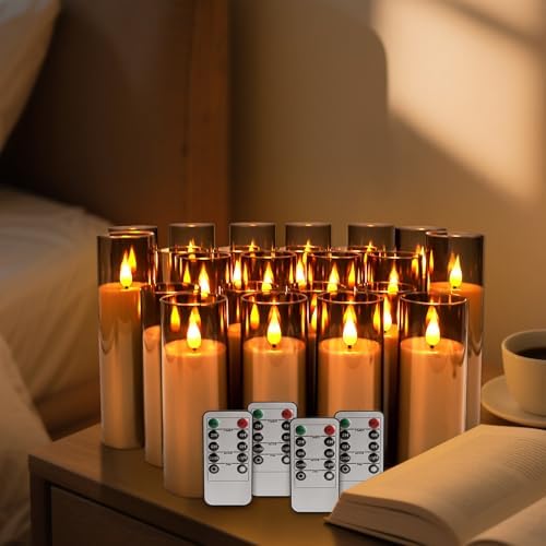 24 Pack Grey LED Flameless Pillar Candles with Remote Control - Image 5