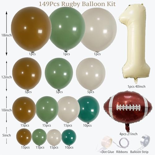 First Year Down Football Balloon Arch Kit – 1st Birthday Football Decorations with Number 1 Balloon, Football Foil Balloons & Green Brown Balloon Garland for Baby Boy Birthday Party (139PCS) - Image 2
