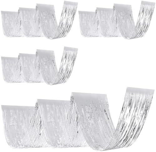 Breling 4 Pcs Silver Ceiling Fringe Curtains, Metallic Foil Drapes, 15 ft by Breling