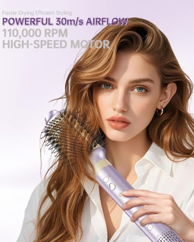 Hair Dryer Brush 7-in-1 Dual Voltage Hot Air Styler – Fast-Drying 110,000 RPM Ionic Blow Dryer with Straightener & Curler Attachments, Frizz-Free Volumizing Styler with Protective Hard Case-Purple - Image 4
