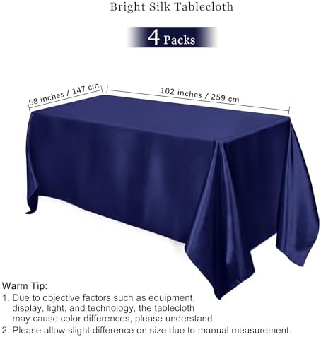 TURSTIN 4 Pack Navy Blue Satin Tablecloth 102 x 58 Inch Overlay Table Cover - Image 2