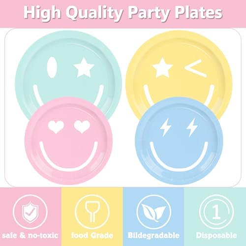 199PCS Smiley Face Birthday Decorations Smile Pastel Themed Preppy Theme Plates and Napkins Set,Balloon, Banner,Tablecloth, Hanging,Cupcake Topper,Smiley Pastel Birthday Party Supplies Serve 24 Guests - Image 4