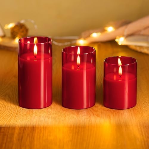 Tyawon Glass Battery Operated LED Flameless Candles with Remote and Timer, Real Wax Candles Warm Color Flickering Light for Festival Wedding Home Party Decor(Pack of 3)-Red - Image 6