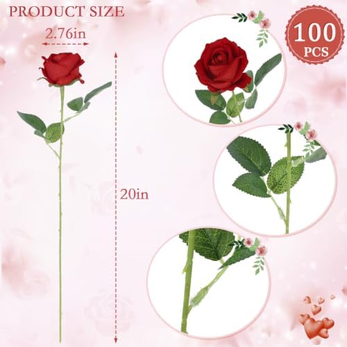 Hananona 100 Pcs Artificial Roses, Realistic Silk Red Flowers Bulk - Image 5