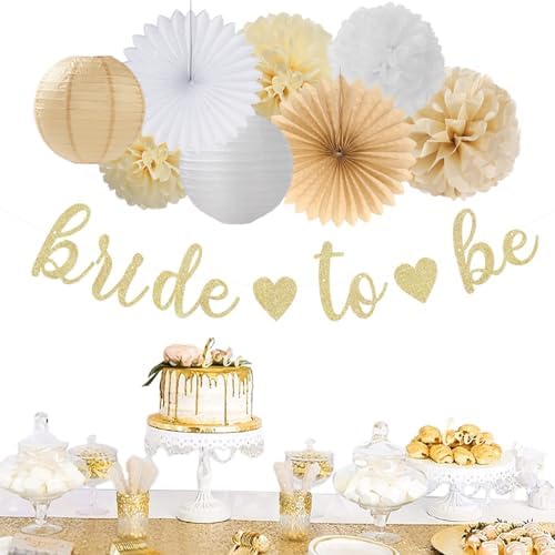 Champagne Gold White Bridal-Shower Party-Decorations - 31pcs Bride to Be Banner,Boho Neutral Bachelorette Paper Lanterns,Wedding Streamers Garland,Tissue Pom Poms Flower Fan Decor Supplies Burgleda - Image 4