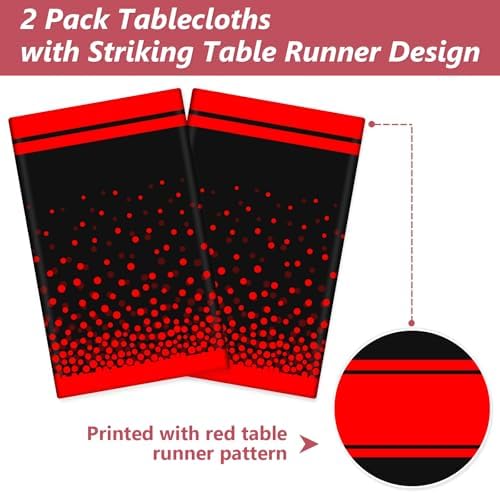 LANLISA Red and Black Tablecloth Party Decorations 2 Pack, Disposable Plastic Table Cloths for Birthday Graduation Retirement Masquerade Party Decor - Image 4