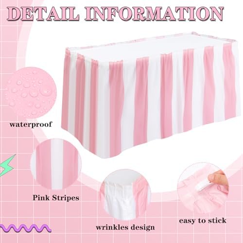 Remagr 3 Pack Pink Carnival Table Skirt Party Decorations Pink and White Striped Table Skirts Disposable Carnival Decorations for Circus Party Decor Wedding Baby Shower Supplies, 29" x 14 ft - Image 3