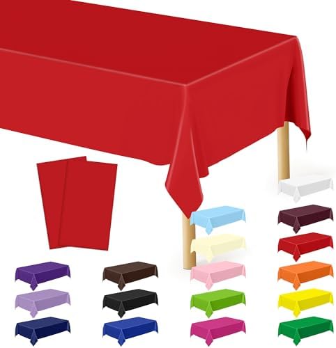 QZYL 2 Pack Picnic Table Cover, 108 x 54 Inches Red Plastic Table Cloths, Red Disposable Tablecloth Rectangle Tablecover, Waterproof Decorations Party Supplies for Wedding Anniversary Home by QZYL