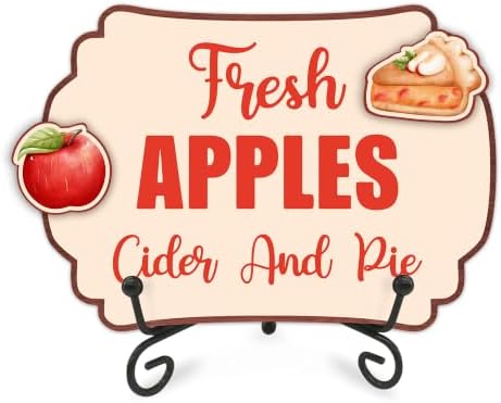 Fall Table Sign 5x7 Inch Seasonal Autumn Decor, Rustic Party Centerpiece with Metal Stand & 2 DIY Stickable Wood Decor, Fresh Apples Cider And Pie Table Decoration for Home & Party Display - B02 by AMHGLW