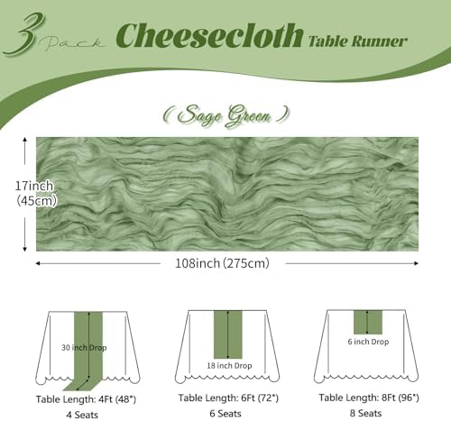 3 Pack Sage Green Cheesecloth Table Runner, 17 x 108 inch, Semi Sheer Boho Cheese Cloth Fabric Table Runner Bulk for Wedding, Birthday, Party, Holiday, Home Decor (Sage Green) - Image 3
