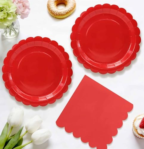HEIPINIUYE 50 Pcs Red Paper Plates and Napkins Party Supplies Include 7'' Red Scalloped Plates and 6.5'' Paper Napkins Disposable Tableware Set for Dinner Wedding Birthday Party (Serves 25) - Image 2