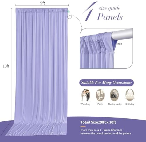 20 ft x 10 ft Wrinkle Free Lavender Backdrop Curtain for Parties, Polyester Light Purple Photo Backdrop Drapes 4 Panels 5x10ft for Baby Shower Photoshoot Wedding Birthday Party Photography Curtains - Image 5