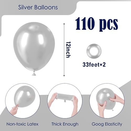Voircoloria 110pcs Metallic Silver Chrome Latex Party Balloons, 12inch - Image 2