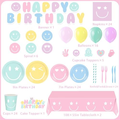 199PCS Smiley Face Birthday Decorations Smile Pastel Themed Preppy Theme Plates and Napkins Set,Balloon, Banner,Tablecloth, Hanging,Cupcake Topper,Smiley Pastel Birthday Party Supplies Serve 24 Guests - Image 2