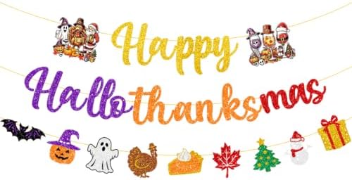 Colorful Glittery Happy Hallothanksmas Banner Holiday Party Decorations by JKQ