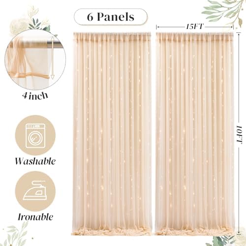 30ft x 10ft Champagne Tulle Backdrop Curtain with Lights String for Parties, Sheer Wedding Photo Backdrops Drapes for Baby Shower Birthday Party Decorations Background for Photography - Image 5