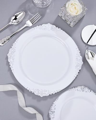 Nervure 700Pcs Silver Plastic Plates, Plastic Dinnerware Set for 100 Guests - Image 2