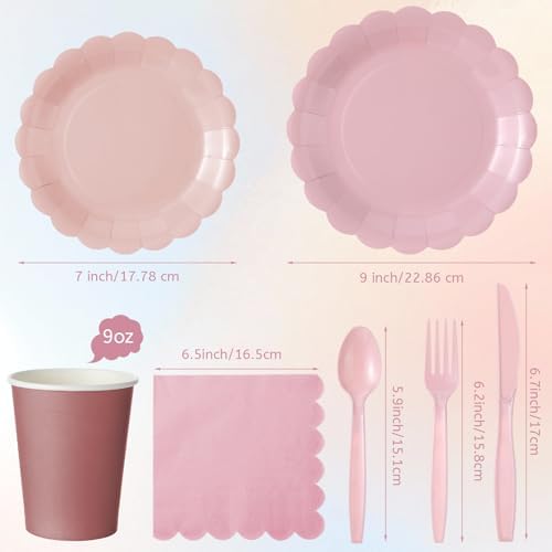 Yaomiao 168 Pcs Dusty Pink Plates and Napkins Set Pink Birthday Supplies - Image 2