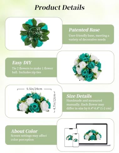 BLOSMON Teal Flowers Ball Decorations: 2 Pcs Fake Roses Table Centerpiece - Image 5