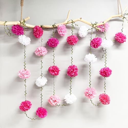 Hot Pink White Party Decorations Ombre Pink White Tissue Paper Flowers Pom Pom Leaf Ribbon Hanging Streamer Garland for Women Girls Birthday Bachelorette Wedding Shower Flamingo Party Supplies - Image 7