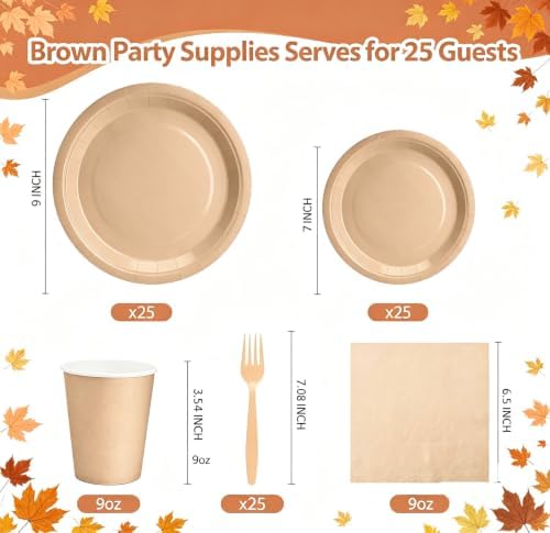 125Pcs Brown Plates and Napkins Party Supplies, 9’’& 7'' Disposable Khaki Paper Plates and Cups and Napkins Forks Set for Baby Shower, Wedding, Fall Birthday Party Decorations, Serves 25 - Image 2