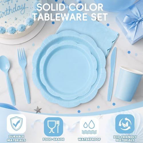 350 Pcs Blue Paper Plates and Napkins Party Supplies for 50 Guests, Food-Grade Thickened Disposable Tableware Set with Cutlerys, 7'' & 9'' Decagonal Plates for Boy Baby Shower Birthday Party - Image 6