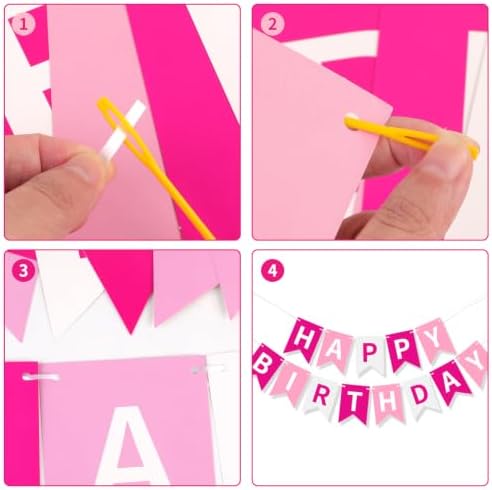 Pink White Happy Birthday Banner Hanging Sign Circle Dot Triangle Bunting - Image 7