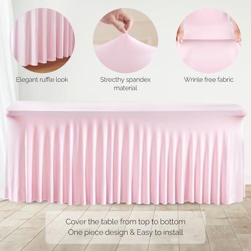 Wish Care 6 Pack Pink Spandex Table Clothes for 6 Foot Rectangle Tables, 6FT Wrinkle Free Fitted Tablecloths Ruffles Design Table Cover for Party, Banquet, Wedding and Events - Image 2