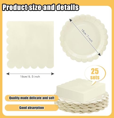 HEIPINIUYE 50 Pcs Ivory Paper Plates and Napkins Party Supplies Include 7'' Ivory Scalloped Plates and 6.5'' Paper Napkins Disposable Tableware Set for Dinner Wedding Birthday Party (Serves 25) - Image 3