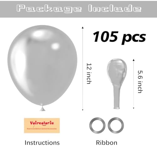Voircoloria 105pcs Metallic Silver Party Latex Balloons, 12inch - Image 2