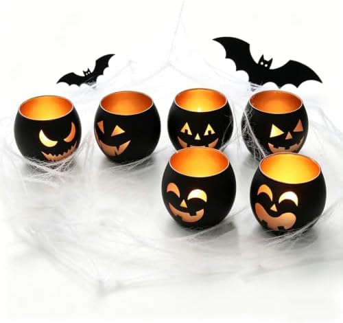 Halloween Table Decor Set of 6, Jack O Lanterns Black Glass Votive Tealight Candle Holders, Halloween Decorations Indoor Party Mantel Coffe Table Centerpiece Decor - Image 2