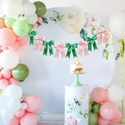 1 String of 8PCS Pink&Green Bow Garland Banner Wicked Party Decoration,Pre-Strung Satin Ribbon Ornaments for Birthday,Bachelorette Party,Wedding,Engagement,Baby Shower,Graduation Decor,Anniversary - Image 5
