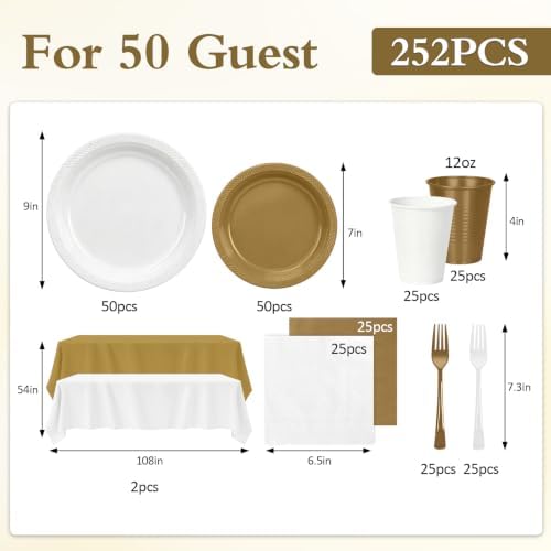White and Gold Plastic Plates Napkins Party Supplies for Birthday,Wedding - Image 3