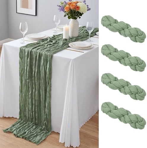 4 Pack Sage Green Cheesecloth Table Runner 10Ft, Gauze Table Runners 21.5 x 120 inch,Semi Sheer Cheese Cloth Fabric Runner Bulk for Wedding,Party,Baby Shower,Bridal Shower by Yemosa