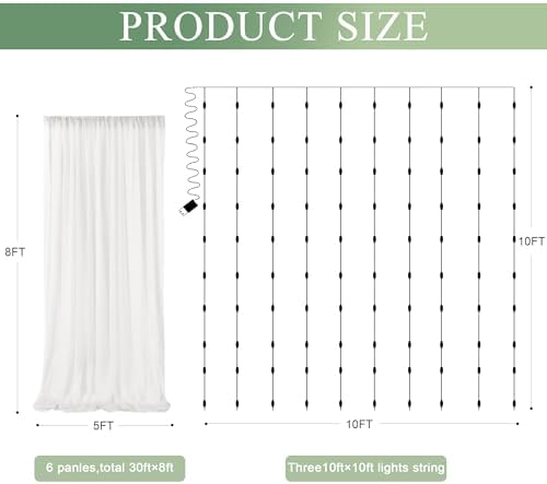 Tulle Backdrop Curtain with Lights 30x8FT Ivory Sheer Curtains - Image 2
