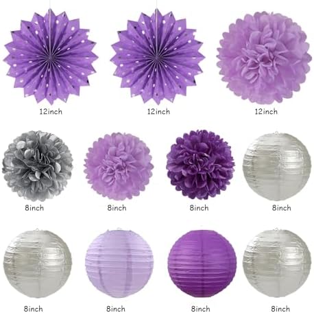 Purple Lilac-Lavender Silver Women Birthday Party-Decorations - 21pc Happy Banner,Paper Lanterns Streamers,Tissue Pom Poms Honeycomb Flower Fan, Girls Hanging Decor Supplies Garland Backdrop Huglony - Image 2