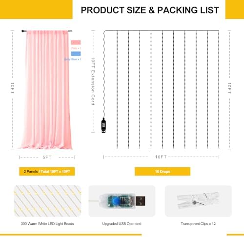 Tulle Curtain Backdrop with 300 LED Fairy Lights for Parites Wrinkle-Free Sheer Curtain Drapes Photo Back Drop for Wedding Baby Shower Bridal Shower Birthday Home Décor - 10ft×10ft, Pink Blue - Image 3