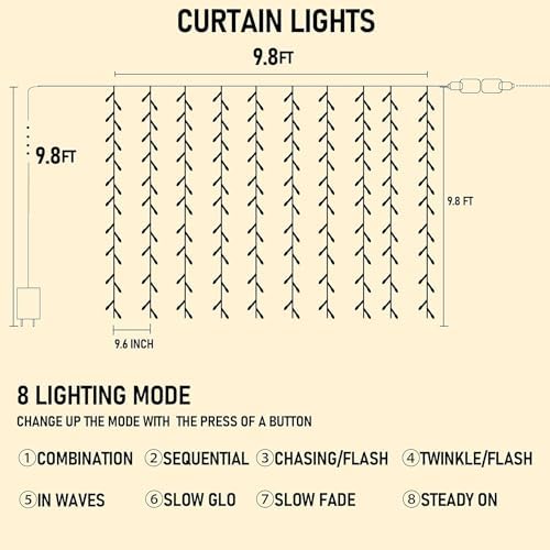 Dazzle Bright 300 LED Curtain String Lights, Christmas Fairy Lights for Bedroom with 8 Lighting Modes, Connectable Waterproof Window Lights Party Wedding Garden Wall Decor, White - Image 3