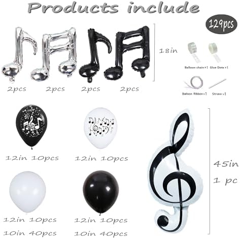 Music Note Balloon Garland Kit，129pcs Black White Musical Note Balloons, Treble Clef Eighth Note Foil Balloons for Music Party Decoration, Concert, Recital, Rock Star Birthday, Graduation, Baby Shower - Image 2