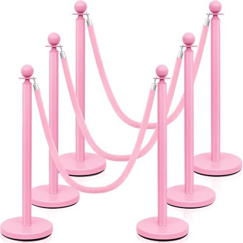 Ferraycle 6 Pcs 6 Pcs Stainless Steel Stanchions 38 Inch Velvet Rope, Pink by Ferraycle