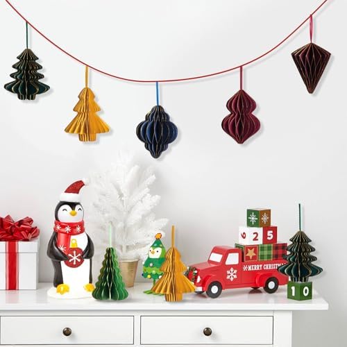 Paper Christmas Tree Ornaments, Red and Green Xmas Party Decorations, 6PCS 3D Mini Glitter Edges Paper Honeycomb Ornaments for Xmas, New Years, Holiday Home Decor - Image 5