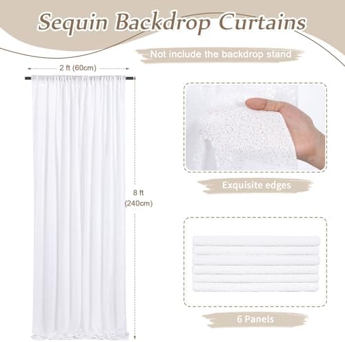 White Sequin Backdrop Curtains-6 Panels 2FTx8FT White Backdrop for Valentines Day, Glitter Party Decorations Background Drapes for Wedding Birthday Anniversary Graduation Photo Booth Decor - Image 2
